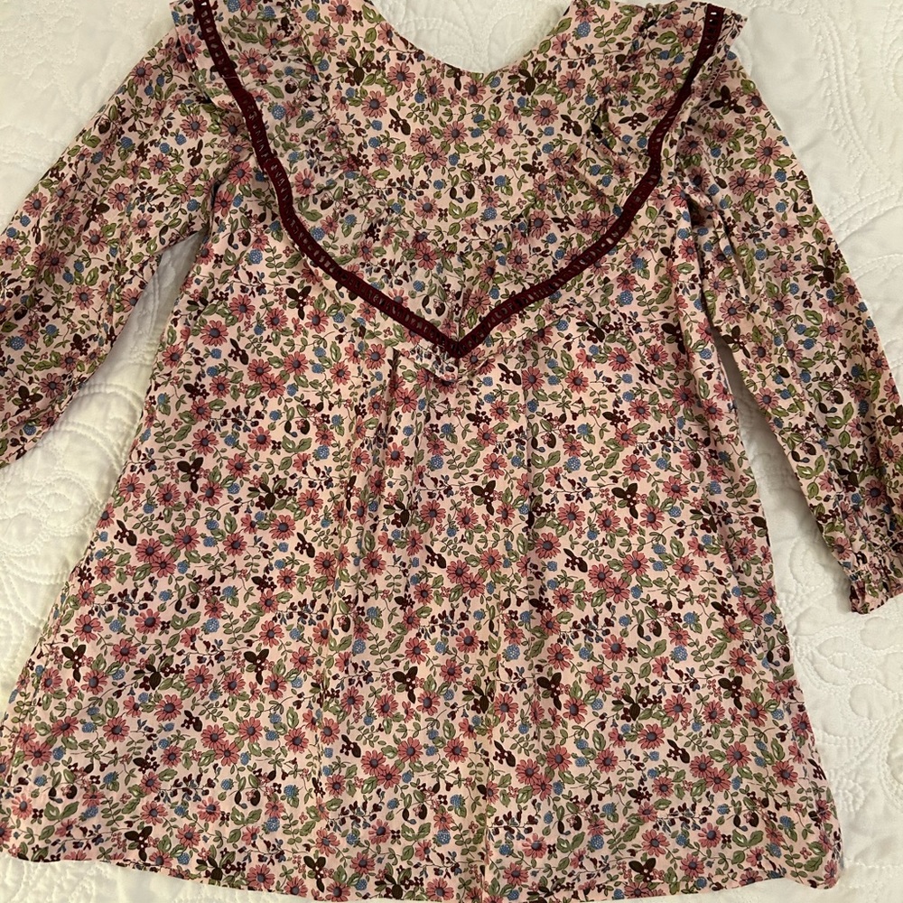 Maison Me burgundy, sage and blue floral dress.